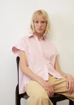 Marc O'Polo Striped Short Sleeve Blouse In Solid Paper Touch Cotton Fabric