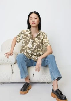 Marc O'Polo Short-sleeved Blouse With All-over Print In Paper Touch Poplin