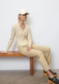 Marc O'Polo Narrow V-neck Rib Knit Cardigan Made Of Organic Cotton/linen Slub Yarn